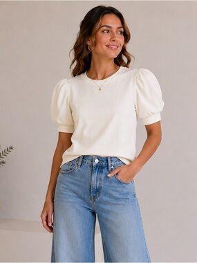 LOFT Petite Cream Puff Sleeve Sweatshirt Top | Size Large Petite | Soft Knit